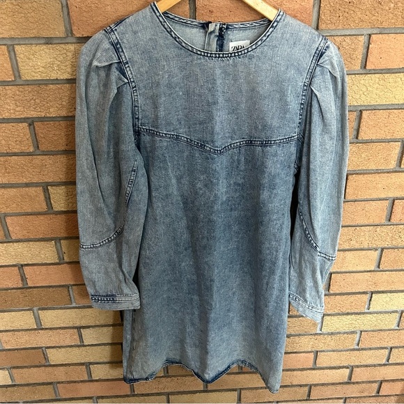 Zara Long Sleeve Washed Denim Mini Dress Women’s Size Small - Picture 1 of 6
